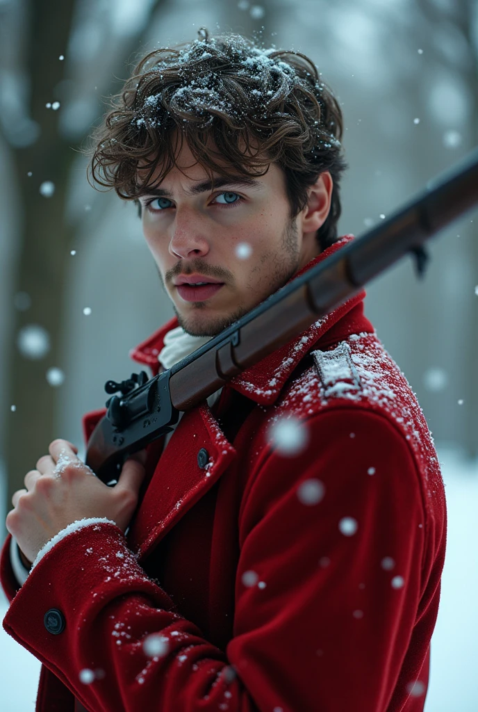 (( masterpiece ))), (((Highest quality))), ((Very detailed)), (photograph), ((Very delicate and headsome) ),high resolution, one men, 20 year, (detailedeyes), (detailed facial features), (Detailed weapons), (detailed fingers), (Leg details), (eyes visible through hair), ((drunk eyes)), (Compelling :1.2), (toothless smile),(((fuller lips))), (snow scene),(upperbody),red tailcoat, ((Dappled Light)),((film grain)), ((Single lens reflex camera)), ((35mm lens focal length) not even a bean, with a gun pointed, Heavy breathing, and blood