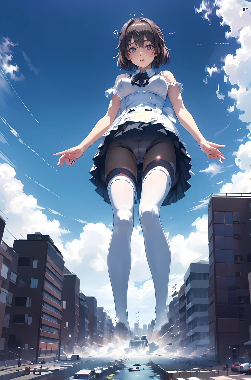 (((((Ultra HD)))))、(((((8ｋ)))))、Chest ribbon frill,((((Megumi from How to Raise a Boring Girlfriend)))),Fisheye Lens、looking at the camera、Embarrassed、(Super huge breasts)、(Plump thighs)、Sweat it out、Lots of big explosions、cigarette、fire、(((ゴシックフリルmaid服)))、Giant art, highly detailed Giant shots, Giant, Two legs, Five Fingers, short hair, A beautiful girl bigger than any skyscraper, Wear rimless glasses, smile, Big Breasts, maid服, Black Pantyhose, Black Pantyhose, No shoes, toes visible through pantyhose, Steam is coming out of the soles of the feet, Destroy a city, a very small big city, Miniature metropolis, Description of the whole body, GTS, giga Giant, Stomping City, Crush City, Small Town, Micro City, Pantyhose Legs, High resolution, Highest quality, masterpiece, maid, maid, 