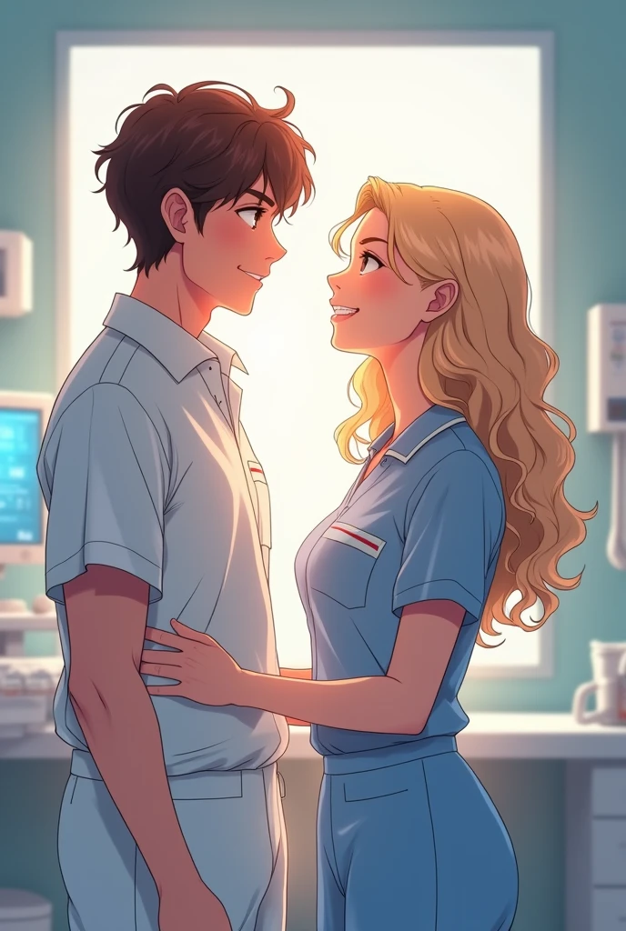Tan girl , blonde long curly hair , brown eyes , HUGE titties , in pink nurse costume sexy , smiling with tanned boy , in a doctors sexy costume , closing her eyes , smiling with teeth , arms wrapped around eachother