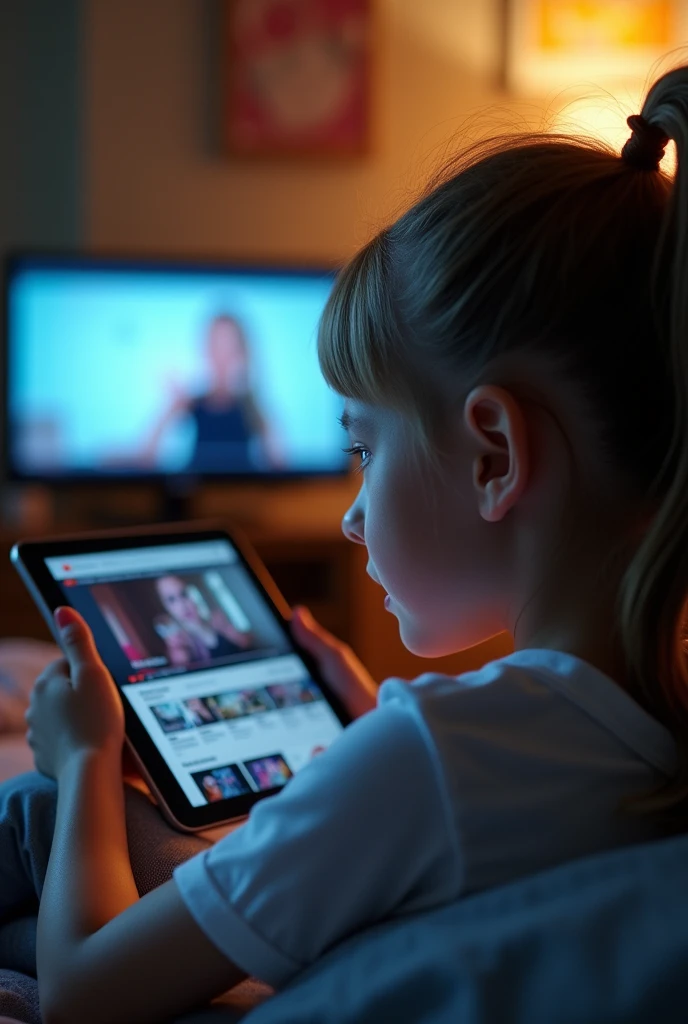 An image of a girl watching YouTube and the screen showing that she is watching YouTube can be seen
