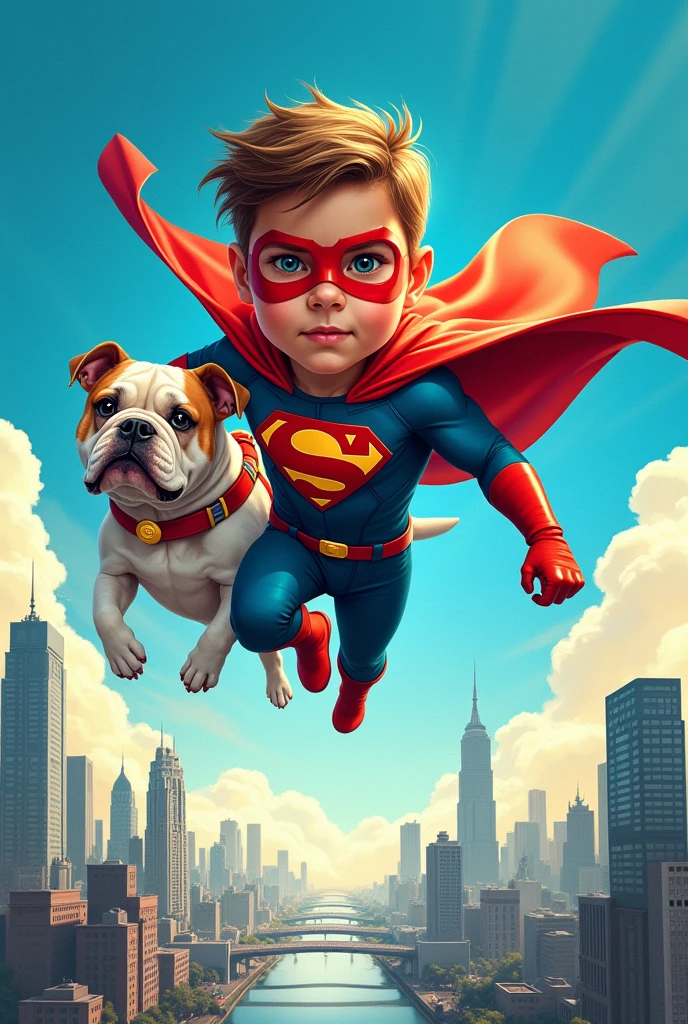 Marvel style superhero comic book cover. A child is a superhero with his dog, a superhero Bulldog. Flying in a blue sky and below them both the city.
