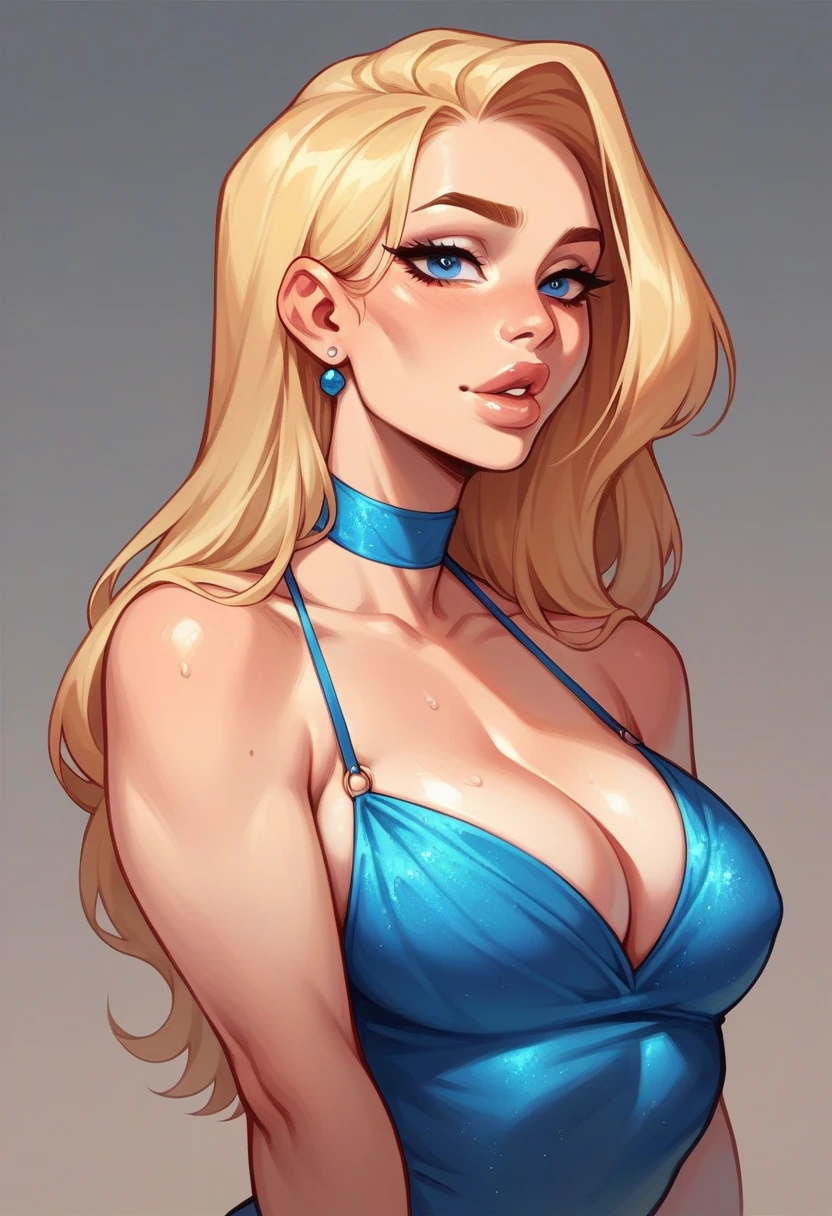 a beautiful woman, Caucasian skin, blue Asian eyes, long blonde hair, feminine face, beautiful mouth, lips with a slight red tone, big perky breasts, big perky butt, hourglass body, elegant dress, cold expression