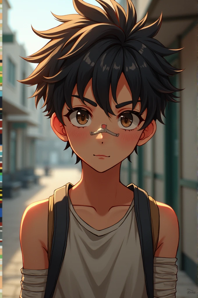 Imagine a high school boy with thick brown hair with small reddish streaks., sharp eyes, a small piercing under her lower lip, a band-aid on the bridge of his nose, tall and with bandages on his forearms