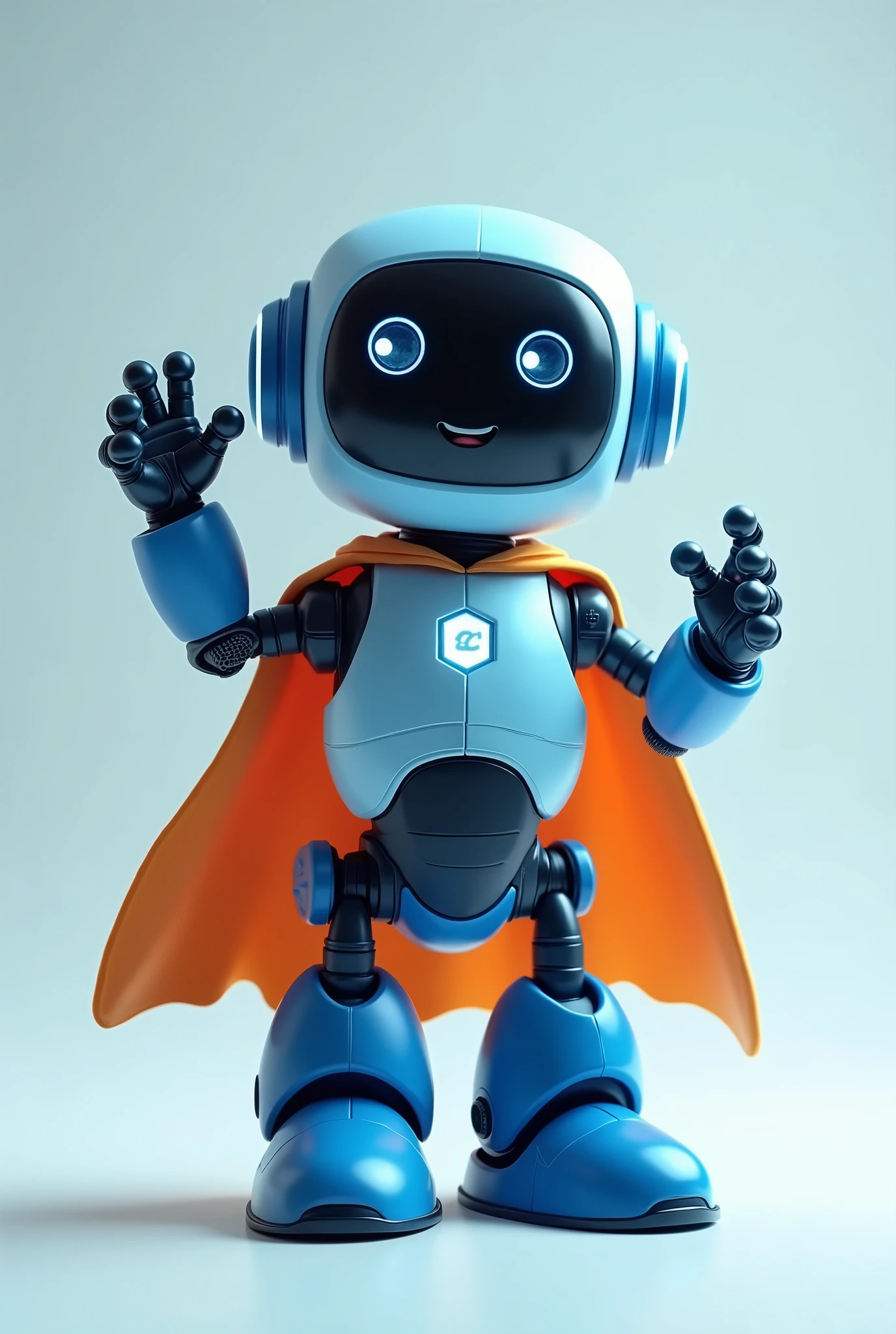 Friendly short and wide dark blue and white robot waving with thumbs up and wearing a superhero cape