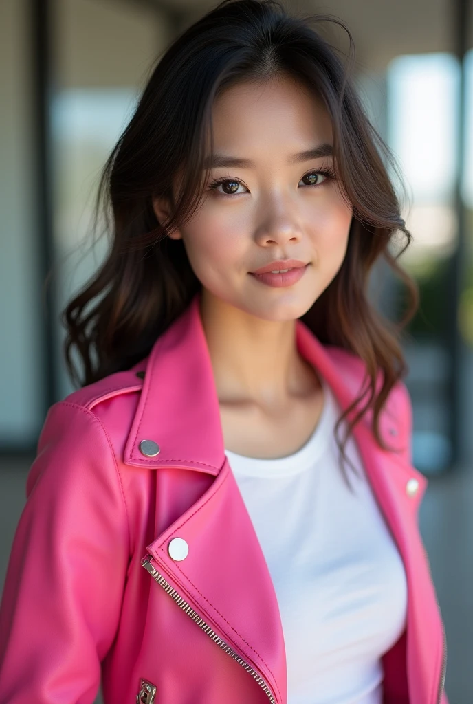 A beautiful Thai girl aged 26 years, clean face, cute, wearing a white t-shirt inside and wearing a leather jacket pink color outside, super HD photography, sophisticated camera