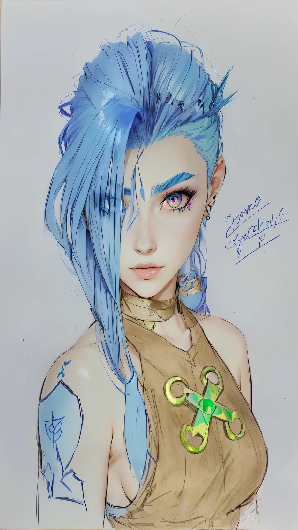 drawing of a woman with blue hair and a green scissors, full color drawing, colored drawing, high quality colored sketch, portrait of jinx from arcane, colored sketch, samira from league of legends, girl with blue hair, portrait knights of zodiac girl, colored lineart, inspired in kris from deltarrune, a color pencil sketch, color drawing, anime style character