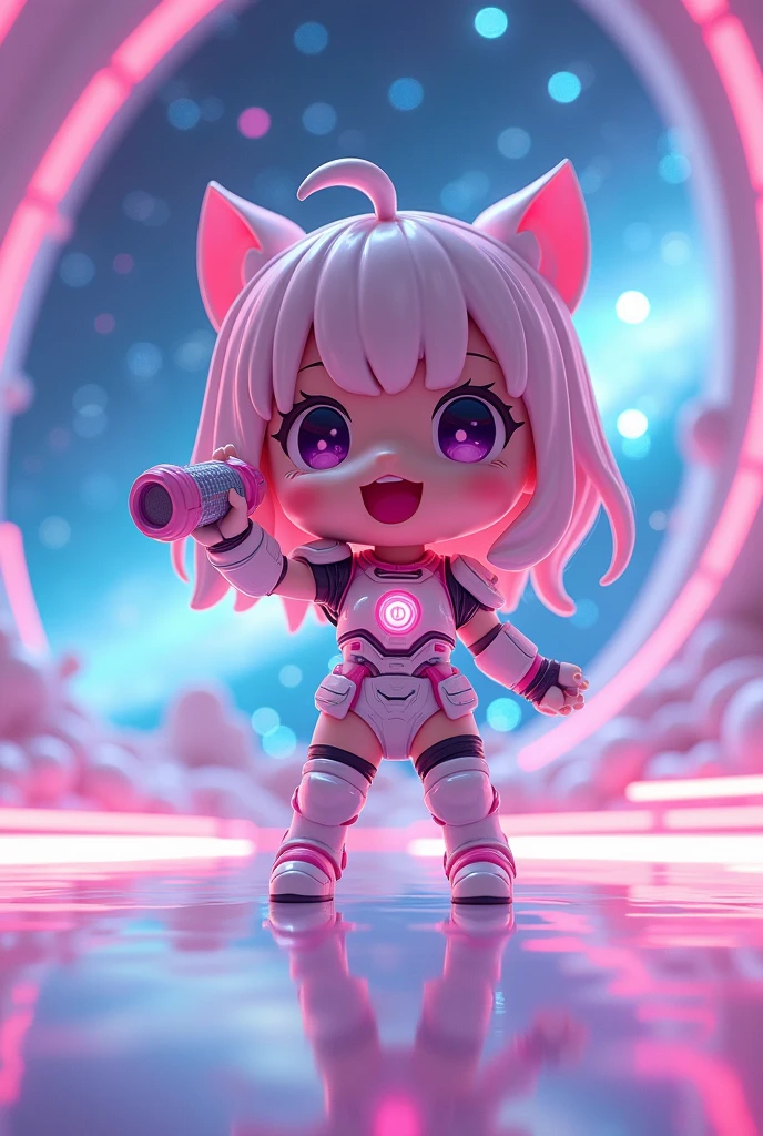 (Chibi), Idol, Singing in a space scene, Kawaii Tech, kawaii, Cute, Pastel colors, Best Quality, Happy, scifi