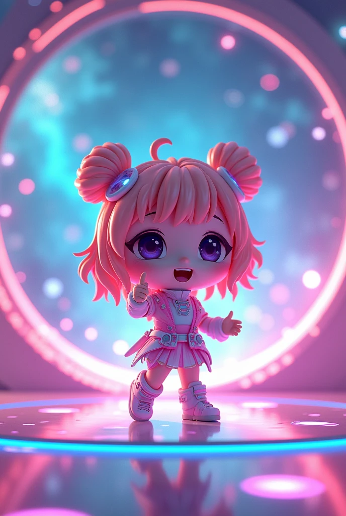 (Chibi), Idol, Singing in a space scene, Kawaii Tech, kawaii, Cute, Pastel colors, Best Quality, Happy, scifi