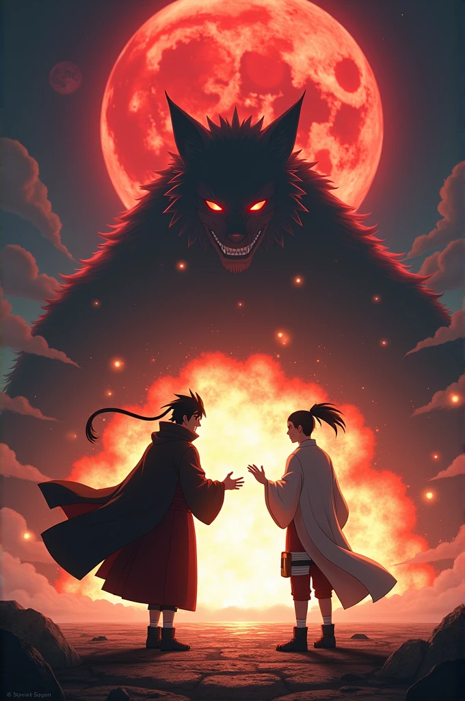 Add a night red moon background  now add hashirama and naruto in six path and kurama form showing their two hands showing to fight and add a big explosin in their back
