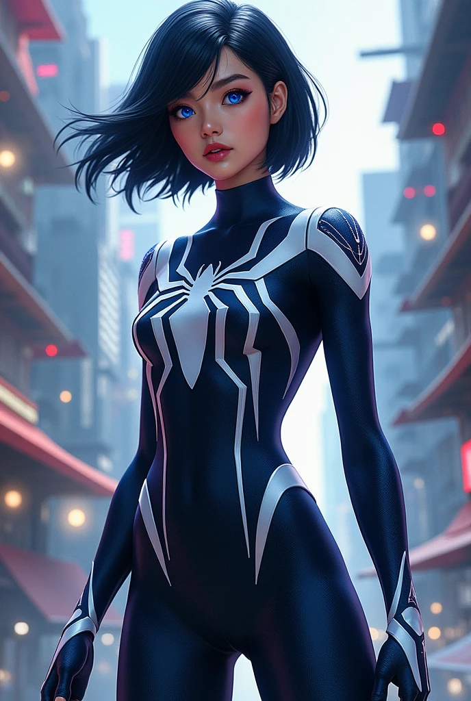spider panel verse asian spider woman with white streak and short black hair with navy blue eyes