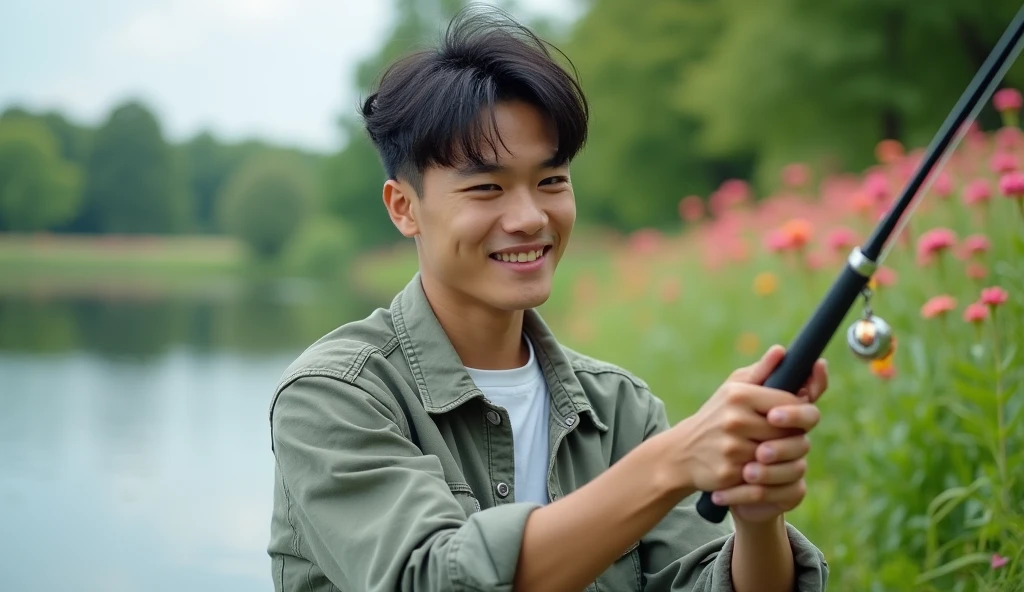 A Japanese male college student with a mashed hairstyle and stylish clothes is fishing on a lake with a bright expression,Excited, Photo of your face, Beautiful flowers blooming in the natural background, with a natural look, With a slightly tired look, tilt your face a little, Diagonal orientation, Average face