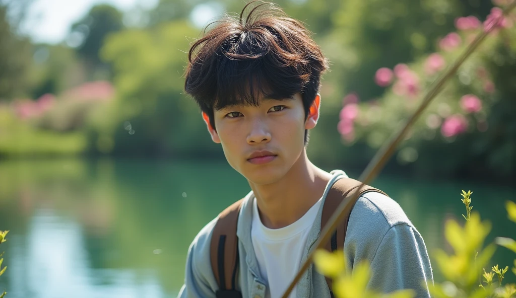 A Japanese male college student with a mashed hairstyle and stylish clothes is fishing on a lake with a bright expression,Excited, Photo of your face, Beautiful flowers blooming in the natural background, with a natural look, With a slightly tired look, tilt your face a little, Diagonal orientation, Average face