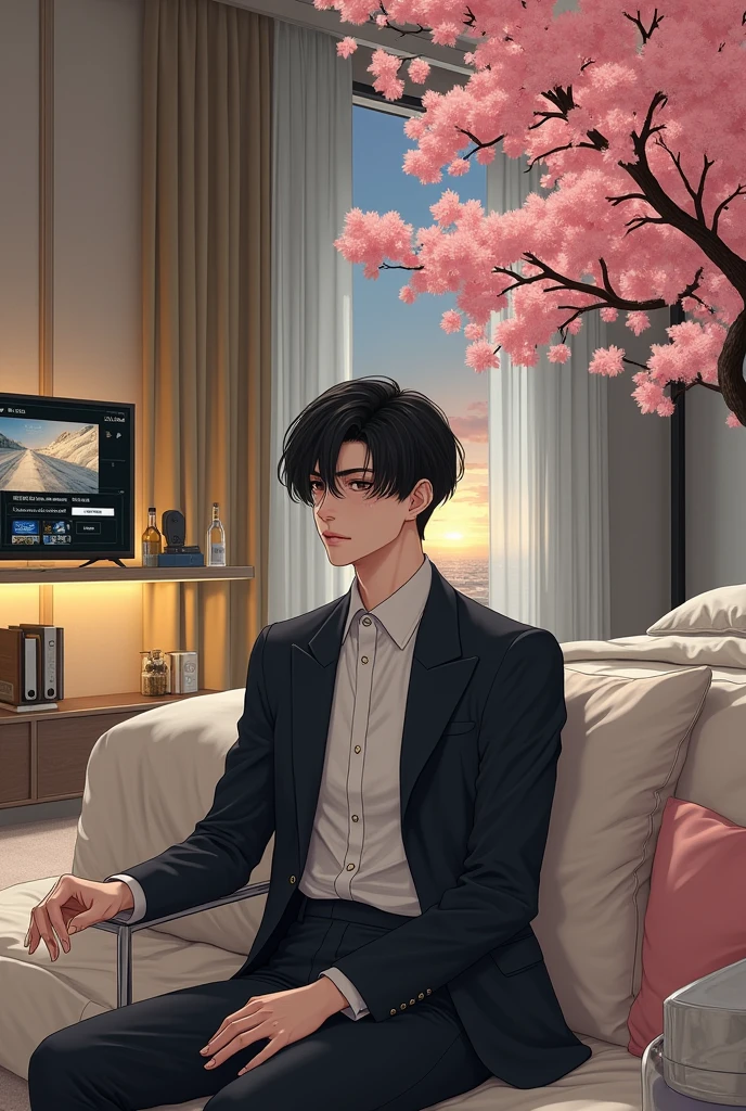 Man with black hair and Anuel A cut, pretty and pale face, with two moles on it, dressed in a feminine way, elegant and reserved. In a room with many amenities, bed, Drinks, TELEVISION, Games, etc. arena, a cherry tree, and gray colors, dull yellow and pink for your room