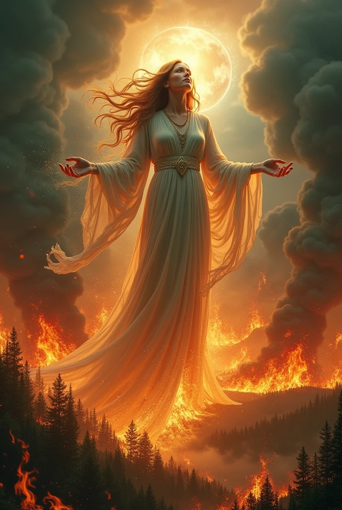 ultra realistic image of mother earth gaia embracing and blessing the burning and fire on planet earth, specifically showing Brazil