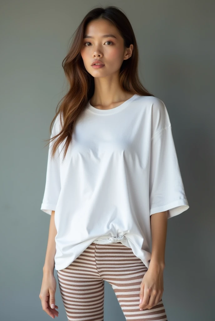 beautiful woman, standing straight facing forward,with white t-shirt, Jeans, on a greyish background, cotton t-shirt texture, oversized t-shirt, round neck, striped tights. Medium camera shot