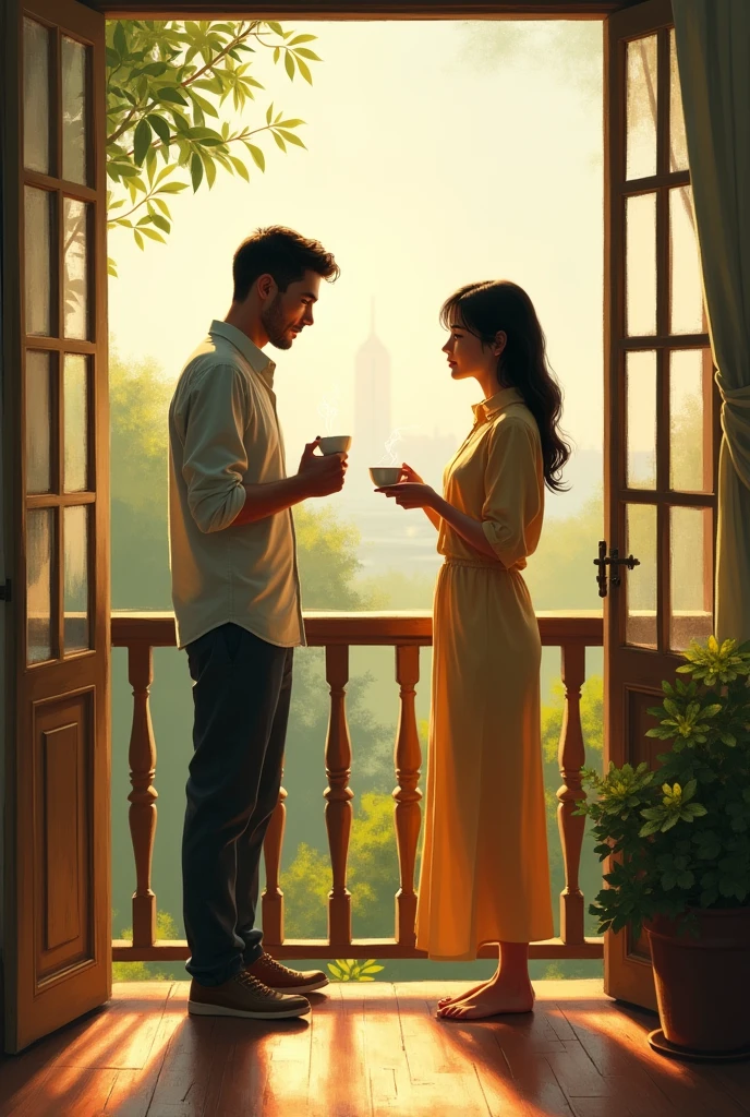 A man standing in balcony with a cup of tea and his wofe