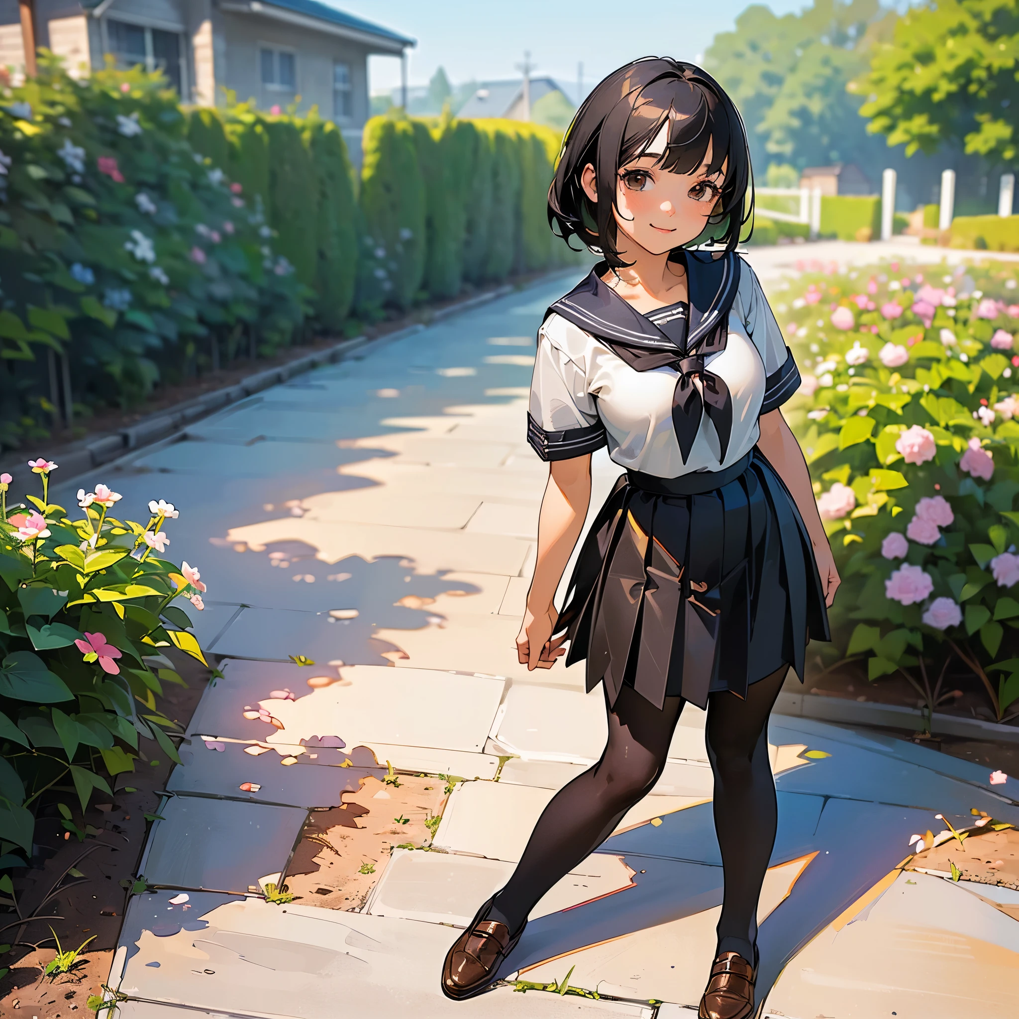 (Highest quality, High resolution, Super detailed, Realistic:1.37), Peaceful atmosphere, (Outdoor, garden), Teenage girl standing alone,(my breasts are big.),Beautifully detailed features, Cute Smile, ((Black bob hair)),Short-sleeved sailor uniform, Pleated skirt,Black tights,Brown leather shoes.