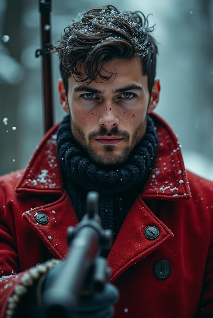 (( masterpiece ))), (((Highest quality))), ((Very detailed)), (photograph), ((Very delicate and headsome) ),high resolution, one men, 20 year, (detailedeyes), (detailed facial features), (Detailed weapons), (detailed fingers), (Leg details), (eyes visible through hair), ((drunk eyes)), (Compelling :1.2), (toothless smile),(((fuller lips))), (snow scene),(upperbody),red tailcoat, ((Dappled Light)),((film grain)), ((Single lens reflex camera)), ((35mm lens focal length) not even a bean, with a gun pointed, Heavy breathing