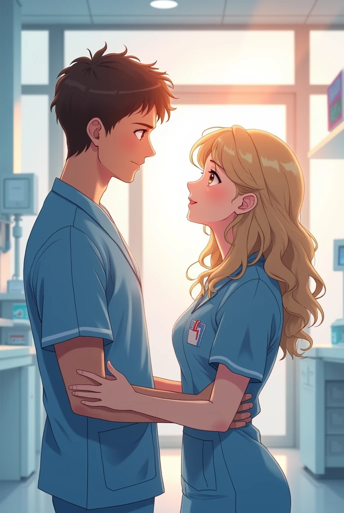 Man with short curly hair and woman with curly hair couple of anime professional nurses