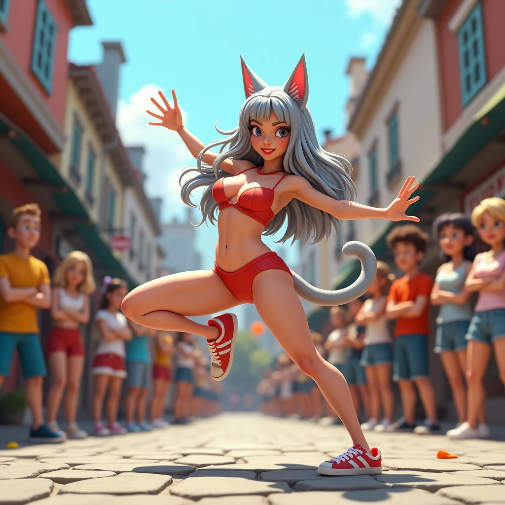 High resolution、超High resolution, number々Awards for, Anatomically correct, In town, audience, Surrounded, woman, dancer, Silver Hair, Long Hair, Cat ear, Break dance, 3D Rendering, Cartoon, Precision, detail, Strength, Coolness
