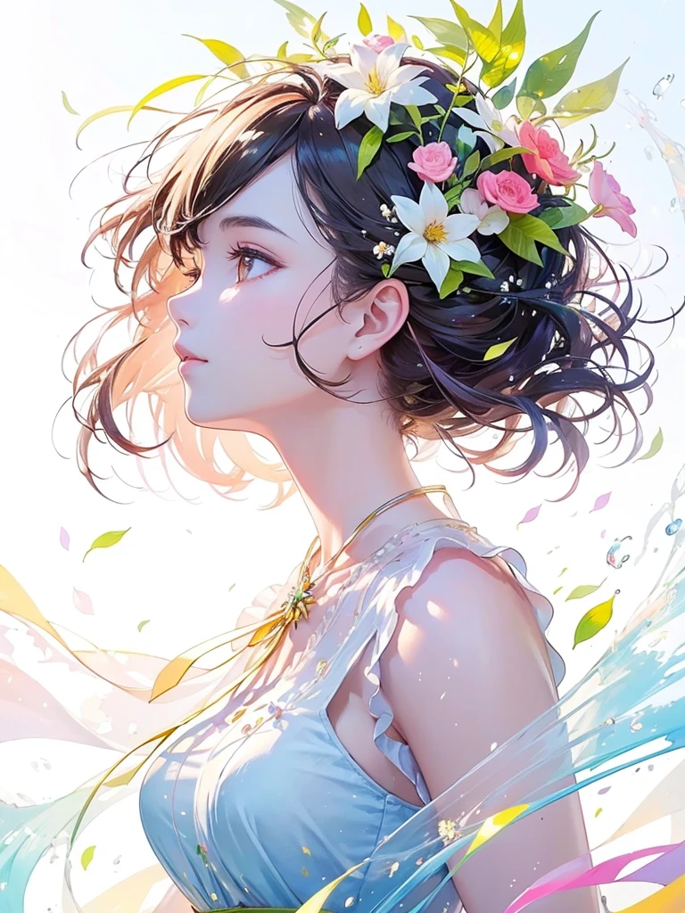 (masterpiece、Highest quality、Highest quality、Beautiful and beautiful:1.2)、Excellent anatomy、(Watercolor painting 1.5)、Long Shot、straight short hair images、Trendy Hair Color, Beautiful Face、Beautiful profile, Look up at the sky, I pray, Fairy, 蝶のFairyのコスチューム、Pure white、Pure、charm, Colorful flowers of different colors, Flower and leaf wind、Botanical Art,