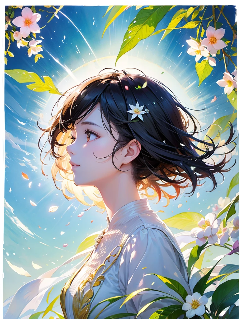 (masterpiece、Highest quality、Highest quality、Beautiful and beautiful:1.2)、Excellent anatomy、(Watercolor painting 1.5)、Long Shot、straight short hair images、Trendy Hair Color, Beautiful Face、Beautiful profile, Look up at the sky, I pray, Fairy, 蝶のFairyのコスチューム、Pure white、Pure、charm, Colorful flowers of different colors, Flower and leaf wind、Botanical Art,