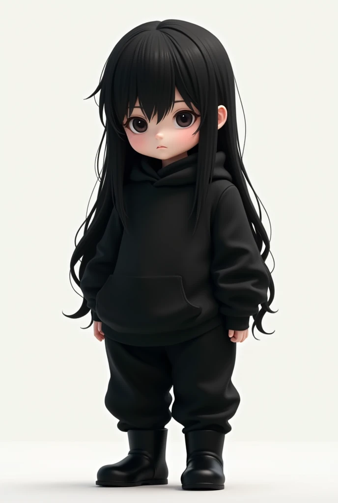Make a young tall chubby boy with long black hair and wearing only black with a black boot