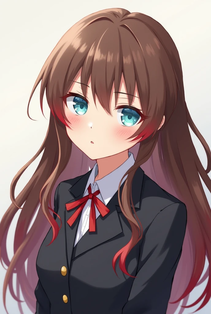 An anime girl with turquoise eyes and long brown hair with red highlights and uniformed clothing