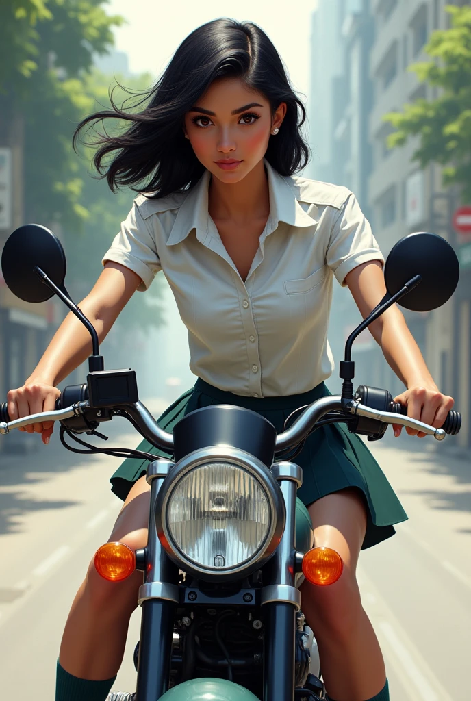 *(Jessica is about 5'4" tall, with shoulder-length black hair. Her brown eyes are rather beautiful, and her soft and smooth skin is Indian. She's rather skinny, and has a slender figure. She's wearing a School shirt and School skirt thigh-high socks driving motorcycle