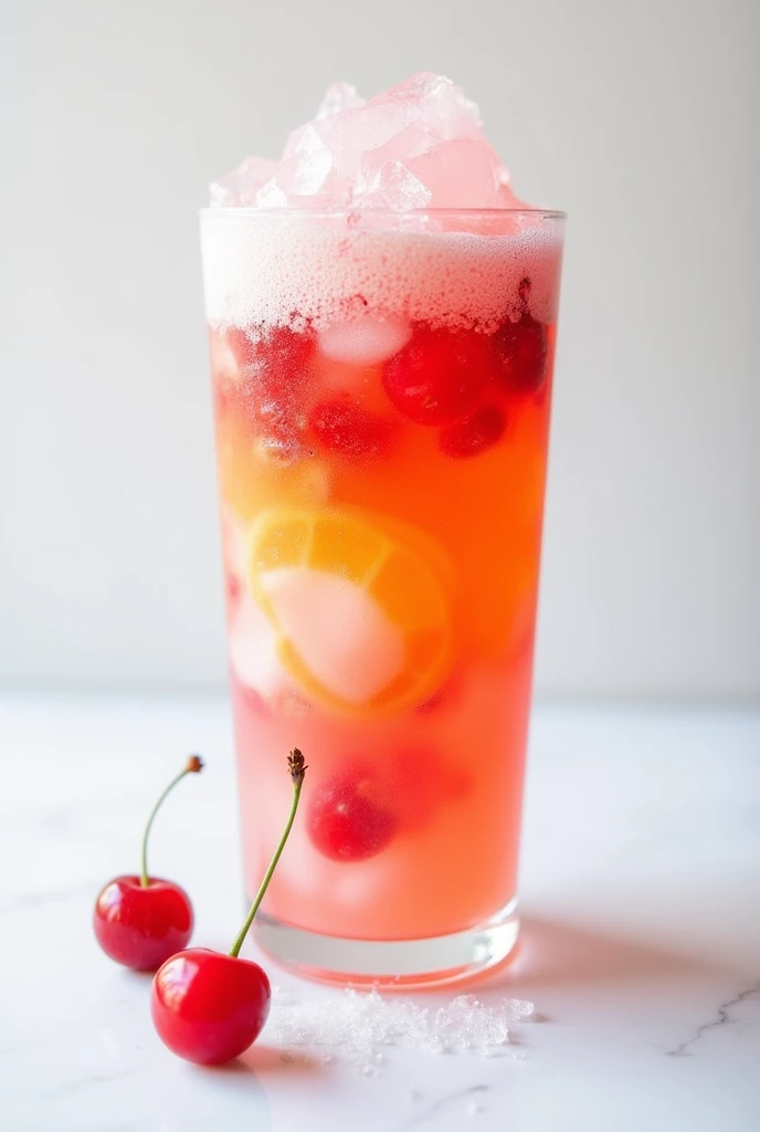 artisanal slushies in a white glass with the ice a little high and the jellies being cherry and passion fruit