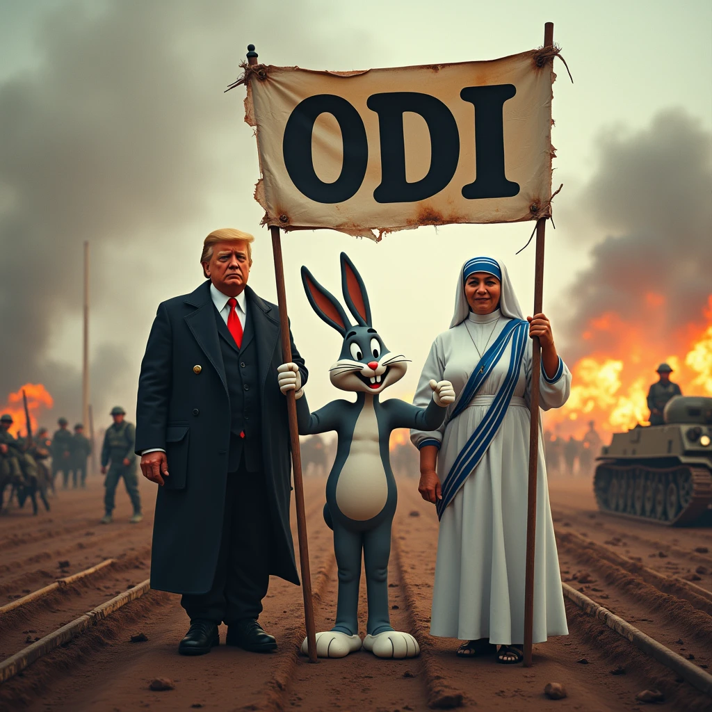 Donald Trump, Bugs Bunny and Mother Teresa of Calcutta standing together holding a banner that says ODI in capital letters, in the middle of a battle of the first world war, with soldiers, horses and tanks, blood and explosions