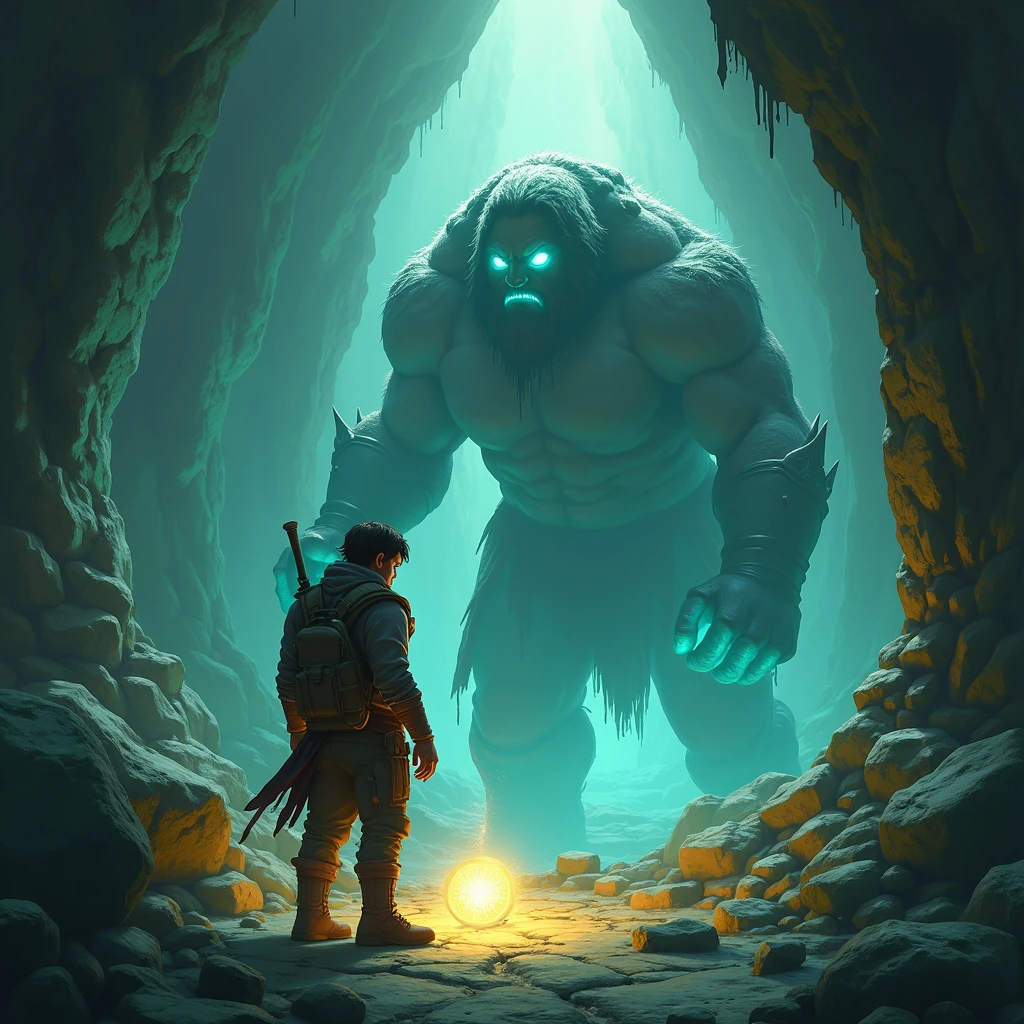 Inside a hidden cave, Kael discovers a glowing magical artifact, his light illuminating the dark cave around him."
