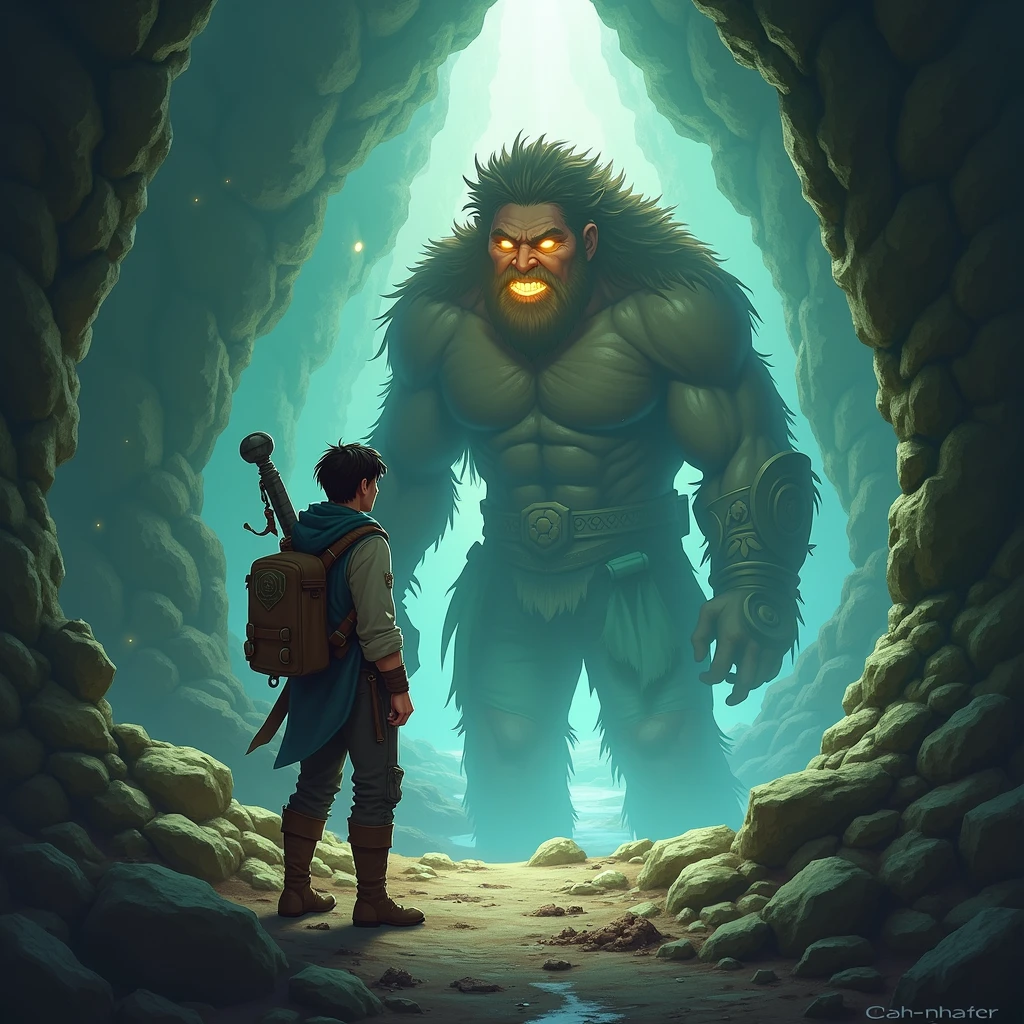 Inside a hidden cave, Kael discovers a glowing magical artifact, his light illuminating the dark cave around him."