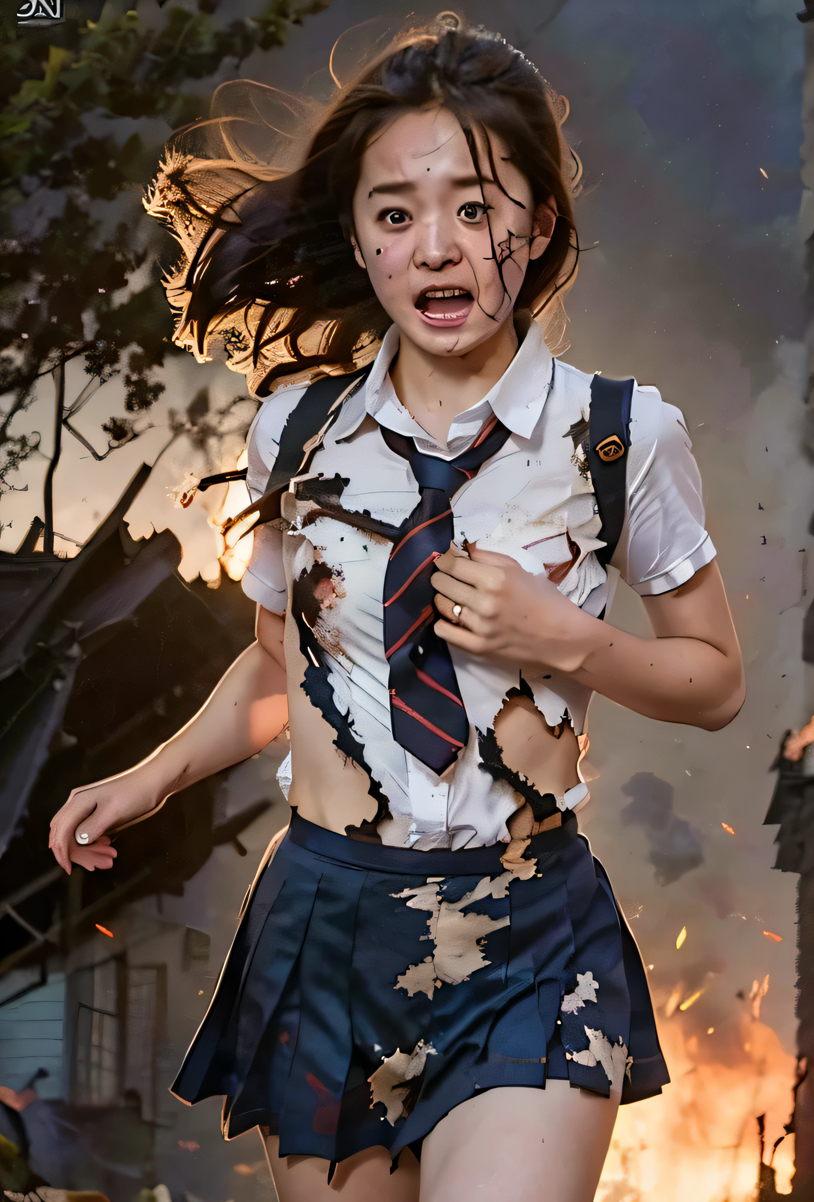 A girl in a tattered school uniform running from a fire, her clothes badly burned and torn, crying with her chest and panties partially exposed, extremely detailed and photorealistic, 8K, masterpiece, hyper-realistic, intricate details, stunning realism, dramatic lighting, cinematic composition, vivid colors, emotional expression
