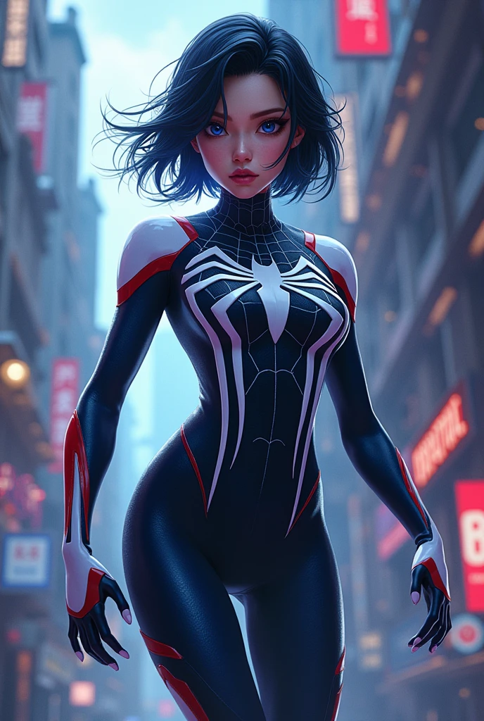 spider panel verse asian spider woman with white streak and short black hair with navy blue eyes
