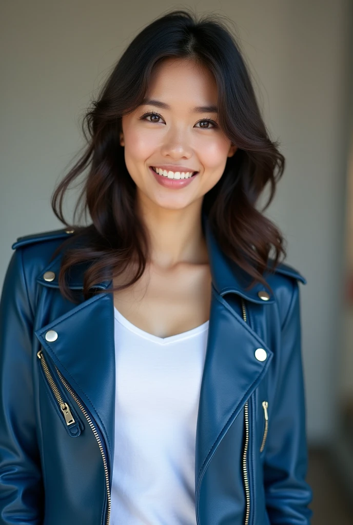 A beautiful Thai girl aged 26 years, clean face, cute, wearing a white t-shirt inside and wearing a leather jacket blue color outside, super HD photography, sophisticated camera