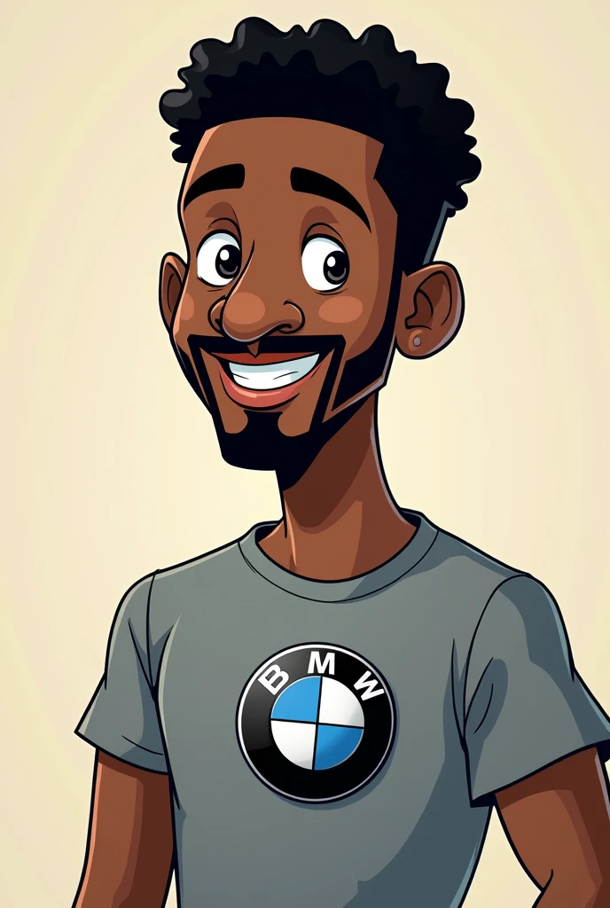 Black man with big nose with goatee short curly hair with bmw car t-shirt in cartoon