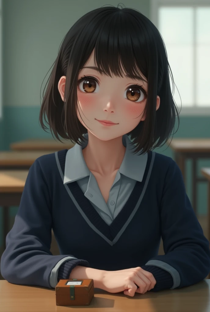 Highest quality, Face Focus, Soft Light, Ultra-high resolution, (Realistic:1.4), RAW Photos, 1 Japan, alone, cute, (A shy smile:0.5), (Brown eyes, Light in your eyes), Beautiful face in every detail, (Small box),(High resolution detail of human skin texture), (Short Bob Hair), break, In the classroom,Navy uniform, Best, skirt