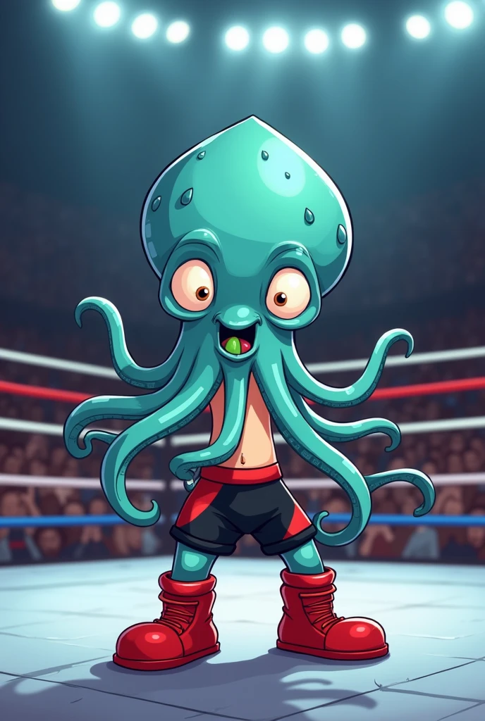 in a wrestling ring.
Cartoon squid body. Cartoon squid face. Cartoon squid arms. Cartoon squid hands. Cartoon squid legs.
Green tongue.
Red wrestling boots. Black pants with red stripe.