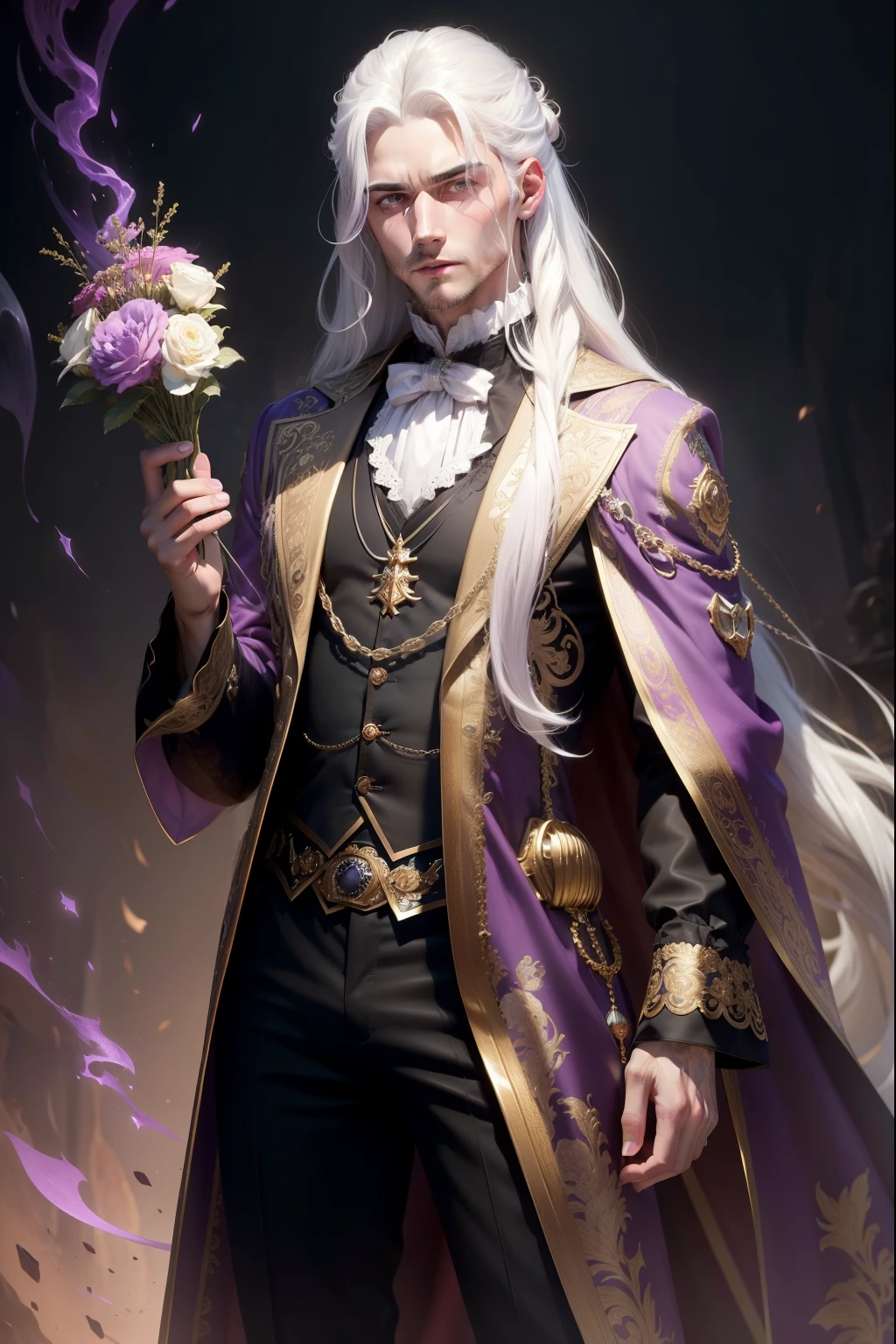 (8k,shipmentsrrealista　shipments　Maximum quality;1.4) (1  boy) Super handsome king of the underworld　(lifelike face) 　(long white hair with black highlights, bright white floral hair)　slenderbody　Muscular and hairy and macho　Shiny French floral aristocratic costume with big golden eyes　bright purple floral decoration　Fangs peeking out of the mouth　Pointed claws　a seductive gaze　Beautiful expression　A hyper-realistic　(King of the Underworld)　appealing　(real looking skin)　super high resolution　high détail　Luxury French Floral Trousers　French pink purple aura emanating from the body　effect　 French floral transparent cover 