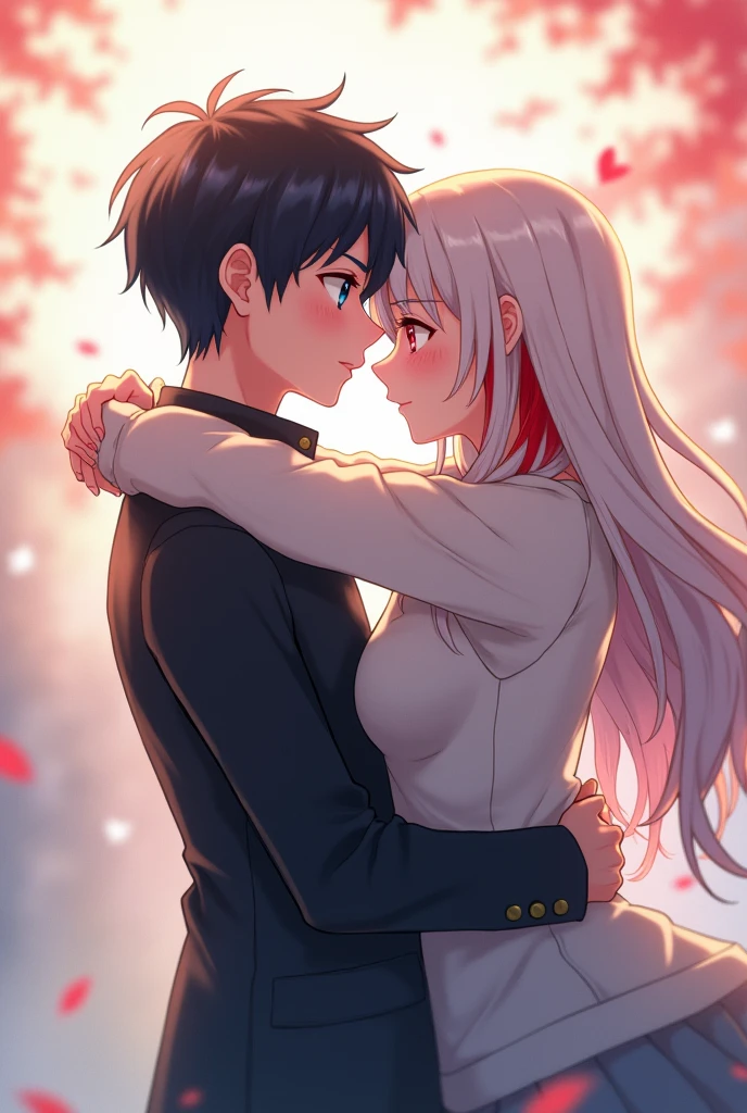 Anime boy with blue eyes short black hair black coat kissing a girl with red eyes white hair with red highlights white sweatshirt