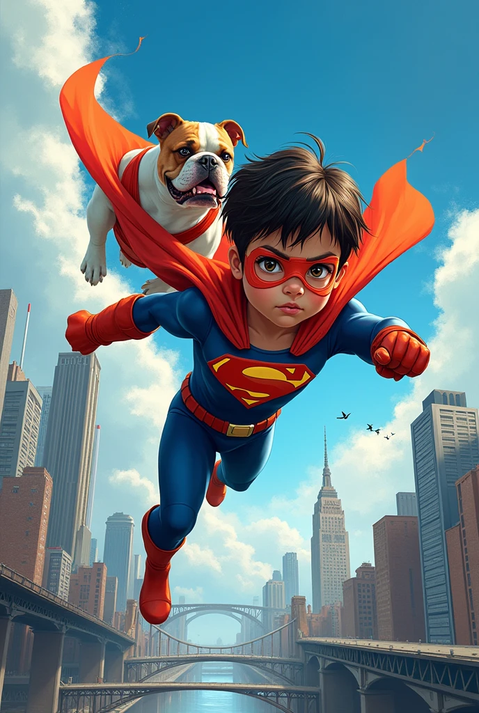 Marvel style superhero comic book cover. A  is a superhero with his dog, a superhero Bulldog. Flying in a blue sky and below them both the city.
