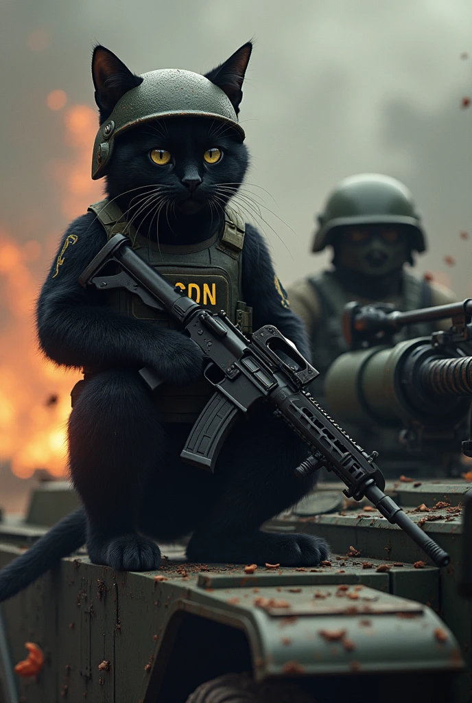 In the kitty of the cartel del noreste with a bulletproof vest and an ak on the vest there are the acronyms CDN and a military helmet black cat in an armored truck he is in a narcotank on the military helmet it has the letters CDN and he is next to a narcotank he has an ar15 in his hand where is the narcotank He is on top of the narcotank with a .50 machine gun the cat helmet and more military

