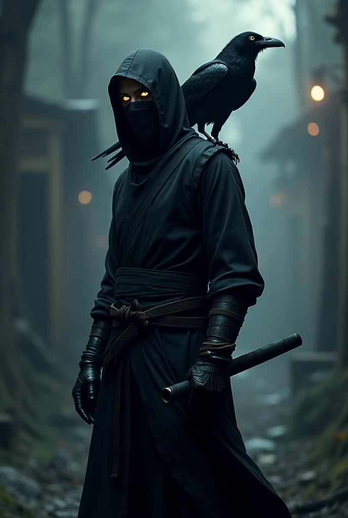create an image of a ninja with a crow on his shoulder
