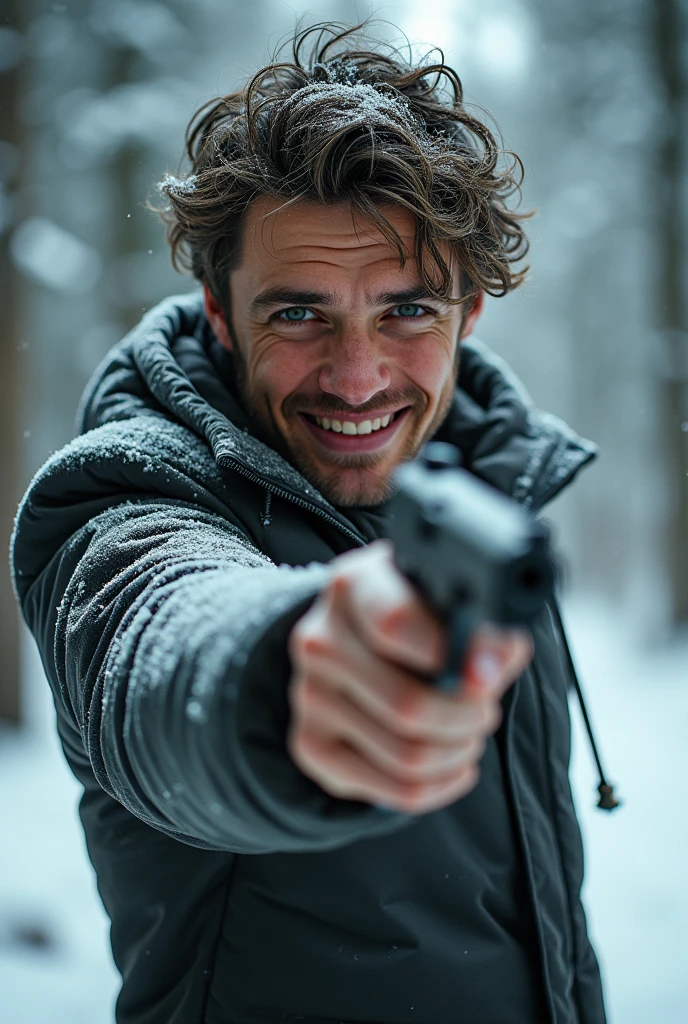 (( masterpiece ))), (((Highest quality))), ((Very detailed)), (photograph), ((Very delicate and headsome) ),high resolution, one  men, 20 year, (detailedeyes), (detailed facial features), (Detailed weapons), (detailed fingers), (Leg details), (eyes visible through hair), ((drunk eyes)), (Compelling :1.2), (toothless smile),(((fuller lips))), (snow scene),(upperbody),red tailcoat, ((Dappled Light)),((film grain)), ((Single lens reflex camera)), ((35mm lens focal length) new man, with a gun pointed, Heavy breathing