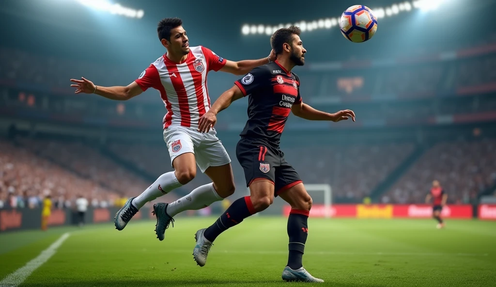 "A hyper-realistic full-body scene on a soccer field during an intense match between Club Guadalajara and Atlas. The camera captures the moment just as a player from Club Guadalajara, dressed in their iconic red and white striped jersey, leaps into the air to contest a high ball. His expression is focused, with determination in his eyes as he stretches to reach the ball. Opposing him, a player from Atlas, in his black and red kit, also jumps, his muscles tense as he tries to block the shot. The grass on the field is lush and slightly worn from the intensity of the match, and the stadium lights cast a bright glow on the players, creating realistic shadows and highlights on their uniforms and faces. The background shows a blurred crowd, their excitement palpable, but the focus remains sharply on the players as they fight for control of the ball. Every detail, from the sweat on their foreheads to the texture of the ball, is captured with sharpness and realism, emphasizing the high stakes of this critical moment in the game."