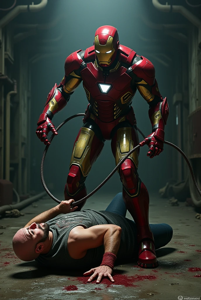 Create an image where Iron Man is torturing a bald man with a whip