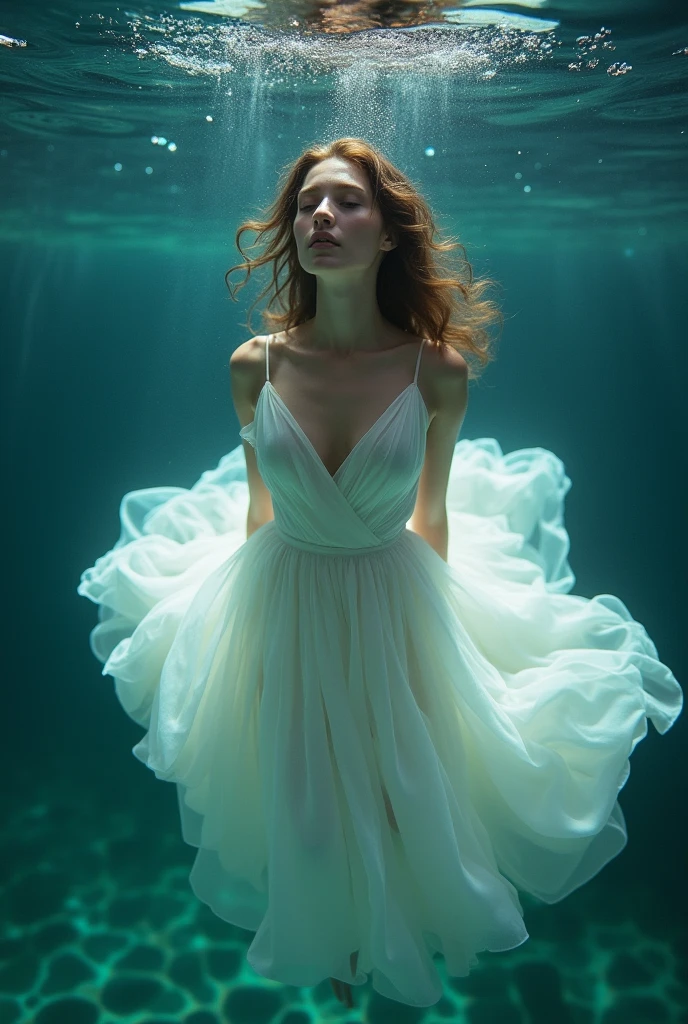 There is a woman in a white dress floating in the water, floating underwater, floating drowned, floating in water, female floating, underwaterphotograph, Portrait of a woman underwater, she is floating in the air, dramatic floating pose, floating in perfume, underwater photo, elegant floating pose, underwaterphotograph, floating underwater in a lake, submerged in water