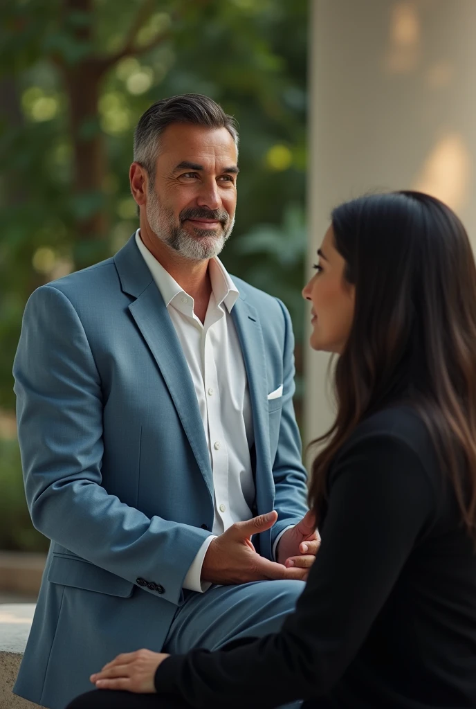 Realistic close up scene of a single 40 year old man, Without beard, white black short haired caucasian, Without beard, barefoot western, standing, wearing a light blue suit, pants and a doctor or monk style jacket Spiritual, with a relaxed attitude and a slight smile. no beard. In a spiritual environment, interacting with a white western woman with long black hair, what is medium, wearing black clothes. The man is next to the woman and the woman is sitting.