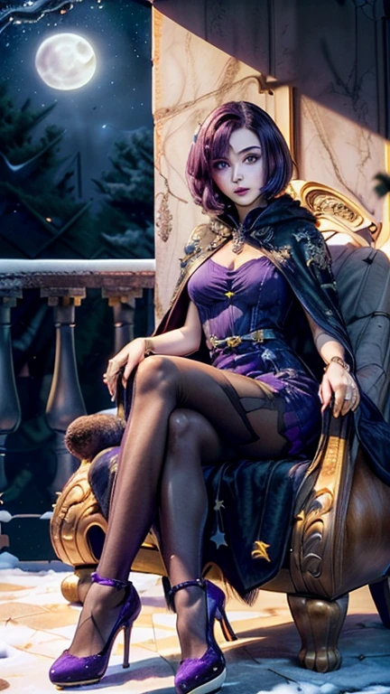 ((Masterpiece, 1girl, solo, alone ((RavenTT, short hair, dark purple hair, dark purple eyes)), Smug)), ((pink lipstick, Extremely detailed, ambient soft lighting, 4k, perfect eyes, a perfect face, perfect lighting, a 1girl)), (((purple dress, bodycon dress, navy-blue cloak, detail, forest in the background, marble balcony, sitting on a throne, sitting cross-legged, legs crossed, furry dress, high heels, fine jewelry, pantyhose, jacaranda forest, night, full moon, milky way, stars, snow))